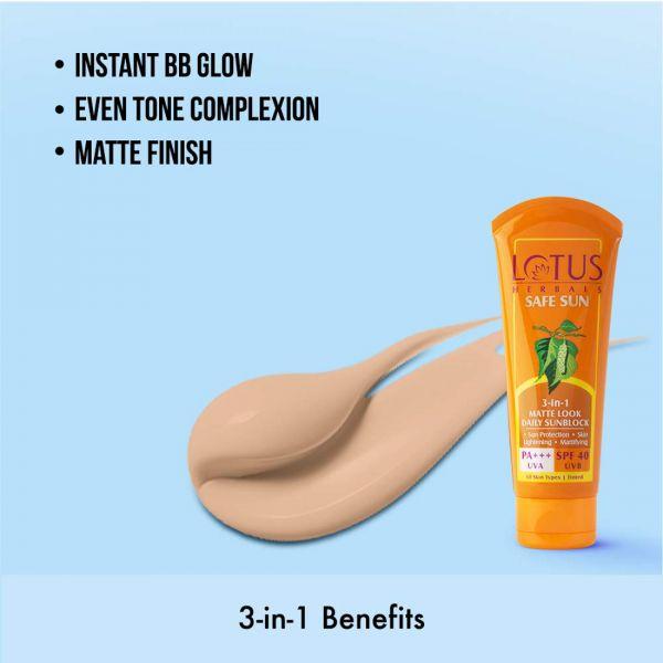 Lotus Herbals Safe Sun 3-In-1 Matte Look Daily Sunblock SPF 40,100gm