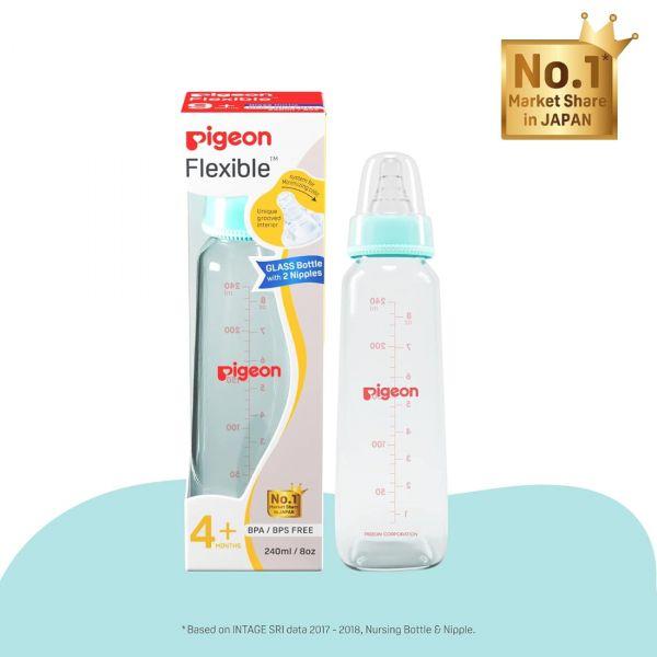 Pigeon Flexible Glass Nursing/Feeding Bottle With Added Nipple M,For 4+ Month Babies, 240ml