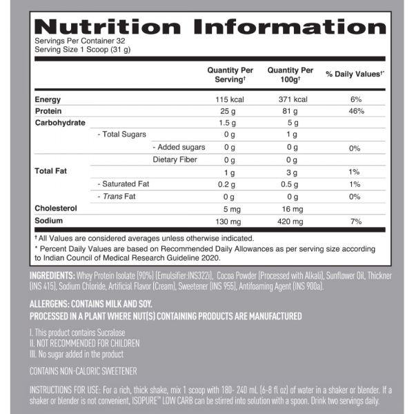 Isopure Low Carbs Dutch Chocolate Flavour 2.20LB, 1kg