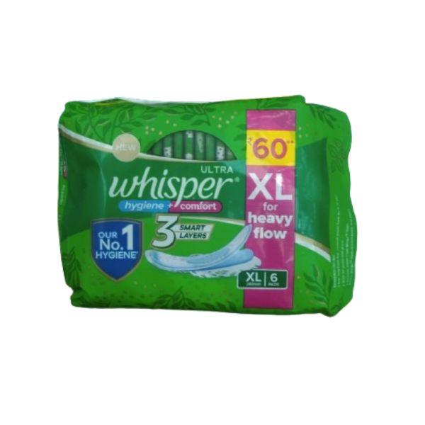 Whisper Ultra Hygiene + Comfort XL for Heavy Flow, 6pads