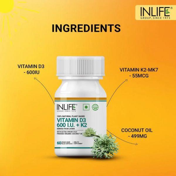 Inlife Plant Based Vegan Vitamin D3 600 IU + K2, 60Caps