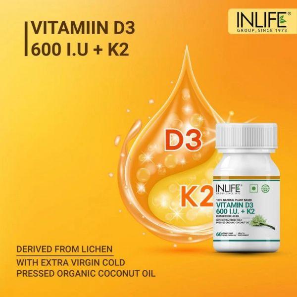 Inlife Plant Based Vegan Vitamin D3 600 IU + K2, 60Caps