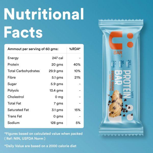 U Bar Salted Cookie Dough with Dark Chocolate Protein Bar, 60gm