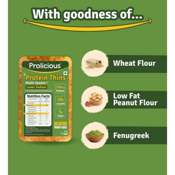 Prolicious Methi Ajwain Lower Sodium Protein Thins, 50gm