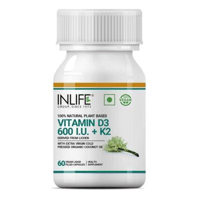 Inlife Plant Based Vegan Vitamin D3 600 IU + K2, 60Caps